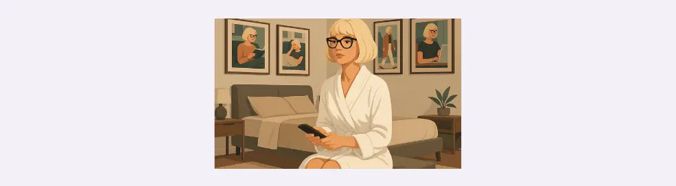 immagine di donna seduta sul divanetto in camera da letto  in accappatoio con il telecomando della tv